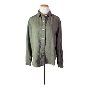XCVI Size L Green Linen Button-Up Long Sleeve Shirt